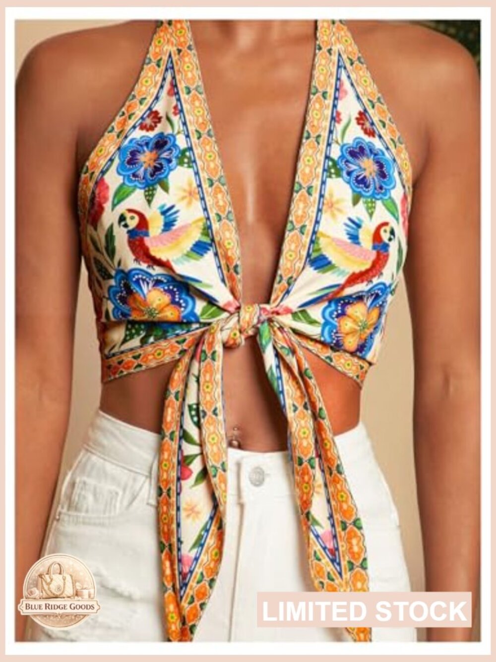 Sleeveless Halter Crop Top with Tie Front Backless Beach Vacation Top - Picture 4 of 5